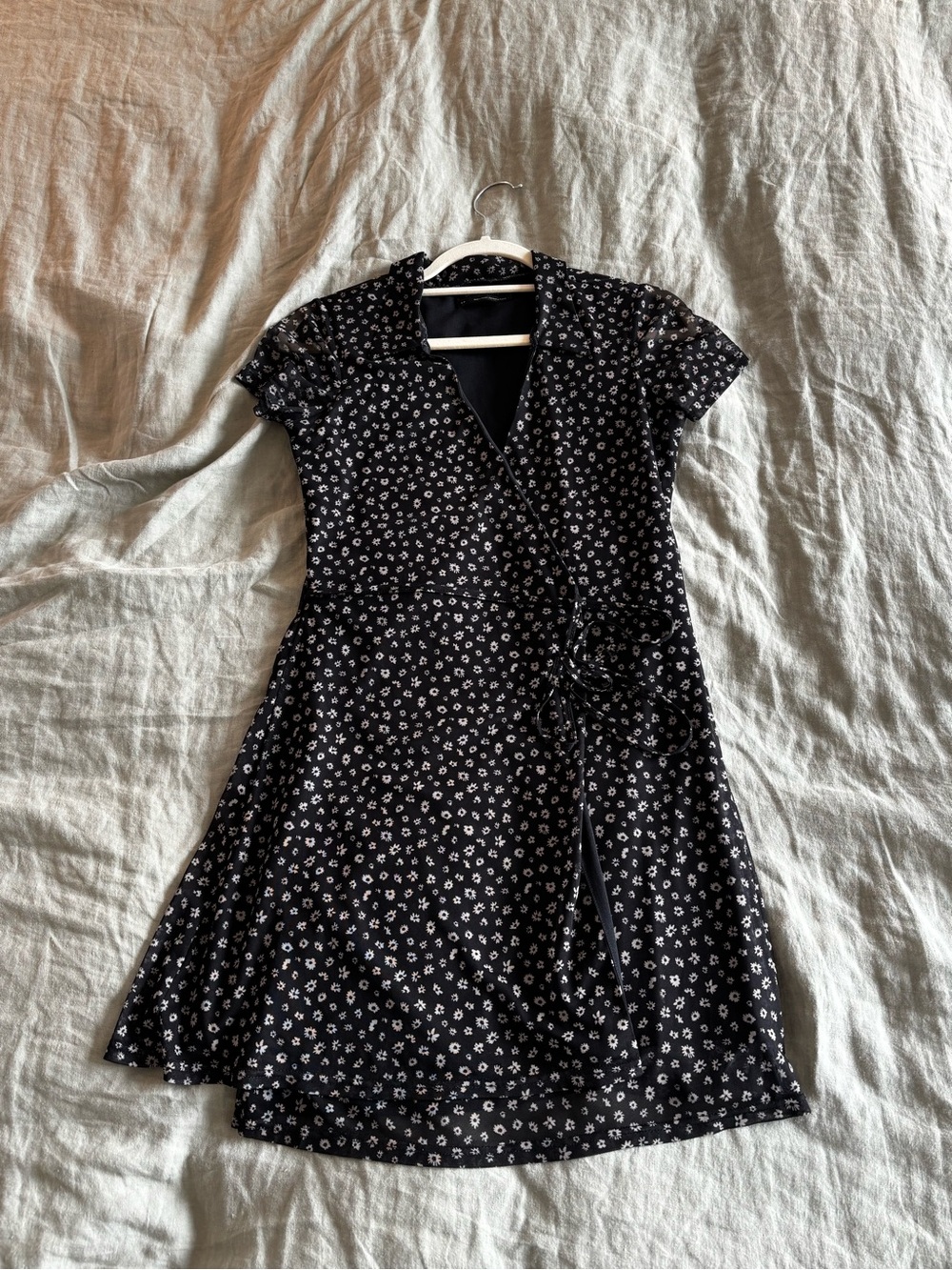 Urban Outfitters Black Mini Wrap Dress with White Floral Print